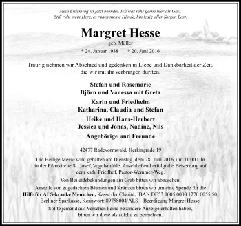 Traueranzeige von Margret Hesse von Rheinische Post