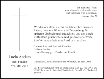 Traueranzeige von Lucia Anders von Rheinische Post