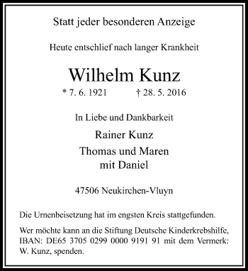 Traueranzeige von Wilhelm Kunz von Rheinische Post
