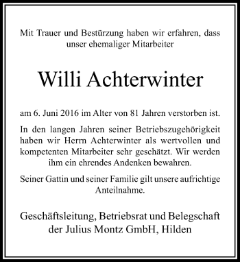 Traueranzeige von Willi Achterwinter von Rheinische Post