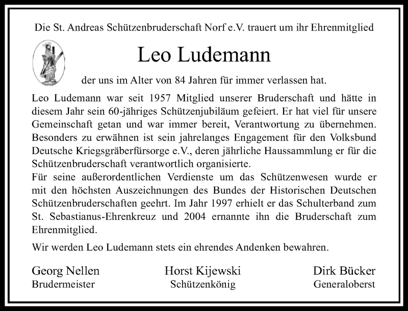  Traueranzeige für Leo Ludemann vom 09.06.2016 aus Rheinische Post