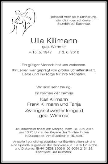 Traueranzeige von Ulla Kilimann von Rheinische Post