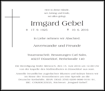 Traueranzeige von Irmgard Gebel von Rheinische Post