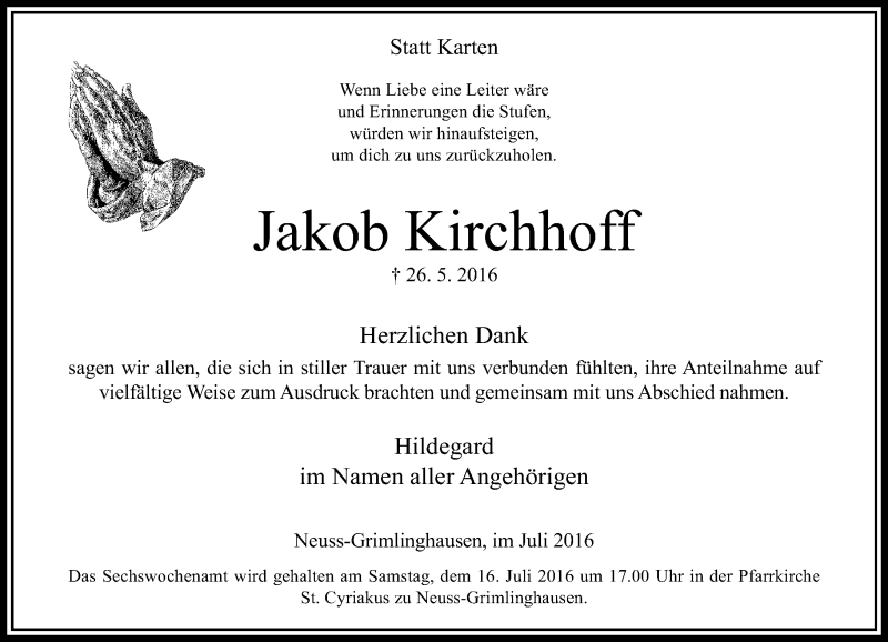  Traueranzeige für Jakob Kirchhoff vom 09.07.2016 aus Rheinische Post