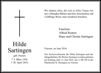 Traueranzeige von Hilde Sartingen von Rheinische Post