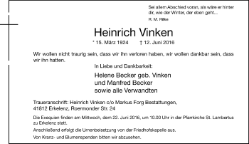 Traueranzeige von Heinrich Vinken von Rheinische Post