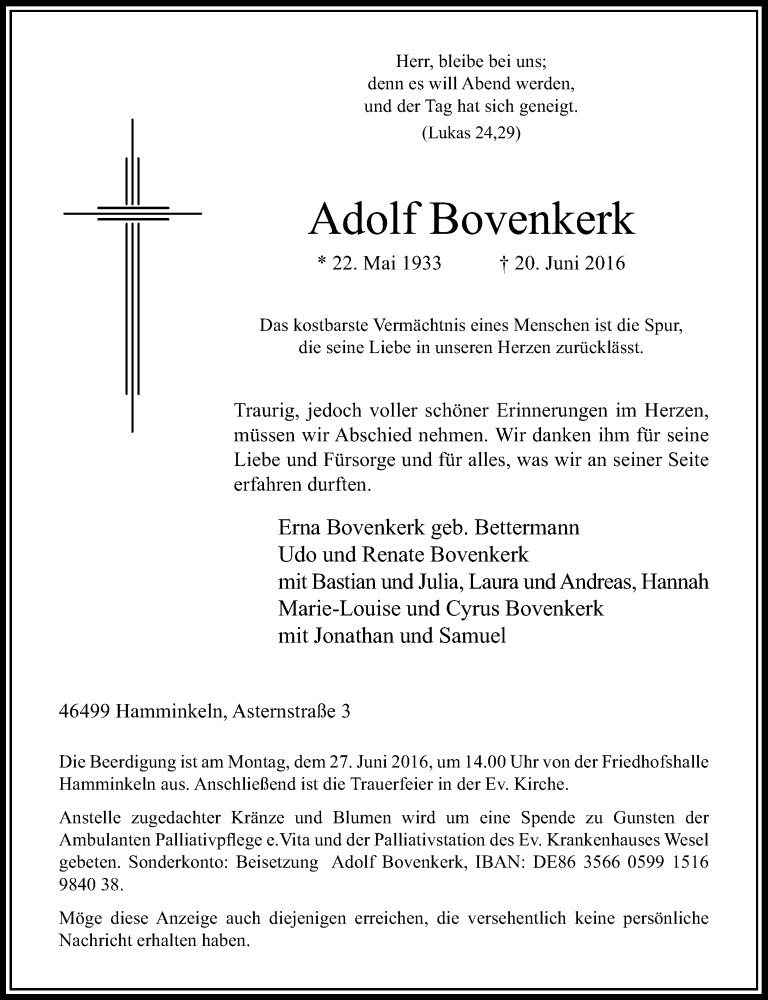  Traueranzeige für Adolf Bovenkerk vom 23.06.2016 aus Rheinische Post