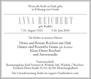 Traueranzeige von Anna Reichert von Rheinische Post