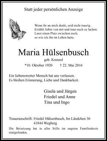 Traueranzeige von Maria Hülsenbusch von Rheinische Post