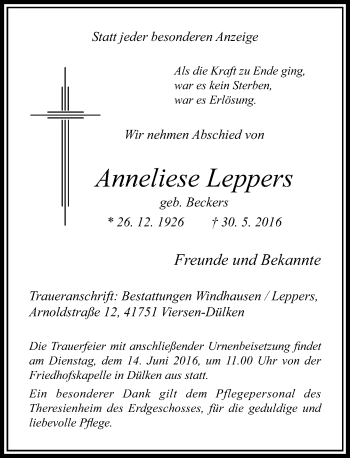 Traueranzeige von Anneliese Leppers von Rheinische Post
