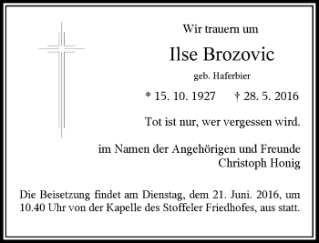 Traueranzeige von Ilse Brozovic von Rheinische Post