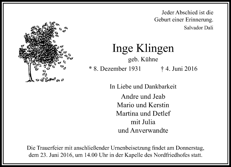  Traueranzeige für Inge Klingen vom 18.06.2016 aus Rheinische Post