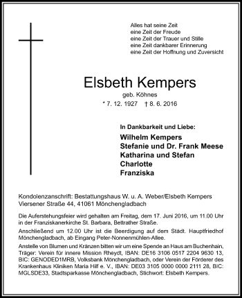 Traueranzeige von Elsbeth Kempers von Rheinische Post