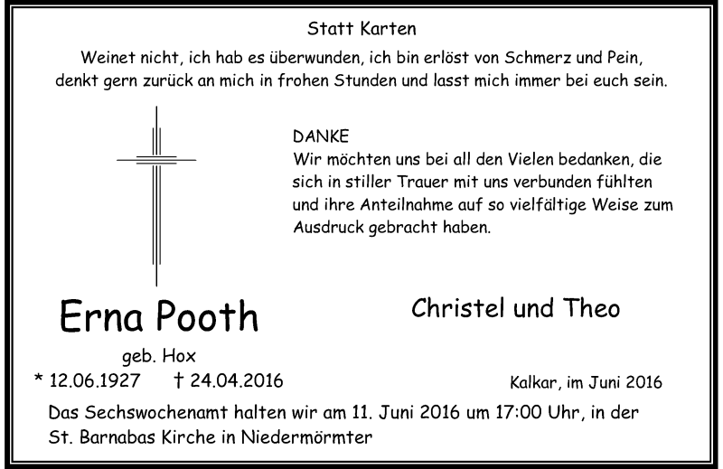  Traueranzeige für Erna Pooth vom 04.06.2016 aus Rheinische Post