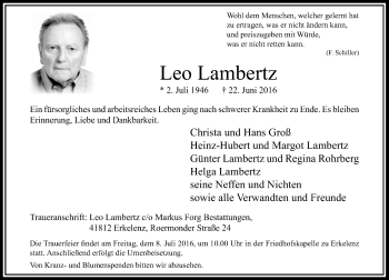 Traueranzeige von Leo Lambertz von Rheinische Post