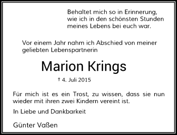 Traueranzeige von Marion Krings von Rheinische Post