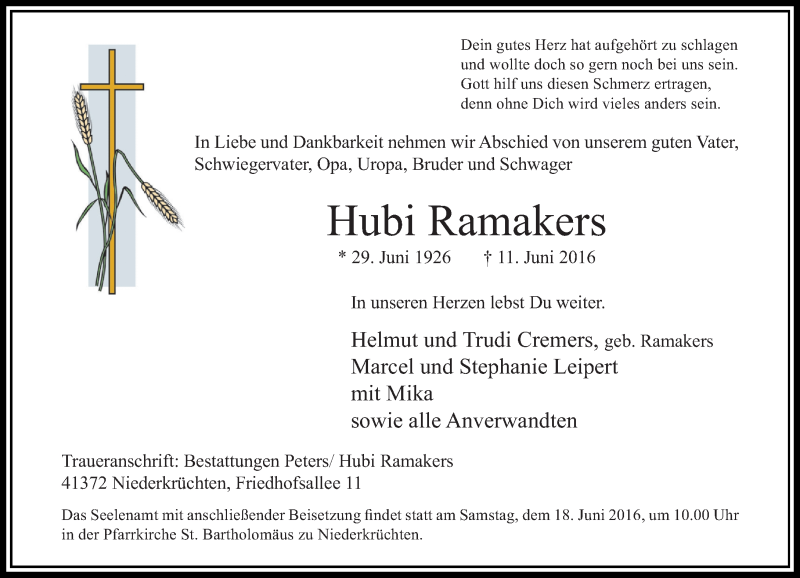  Traueranzeige für Hubi Ramakers vom 15.06.2016 aus Rheinische Post