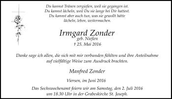 Traueranzeige von Irmgard Zonder von Rheinische Post