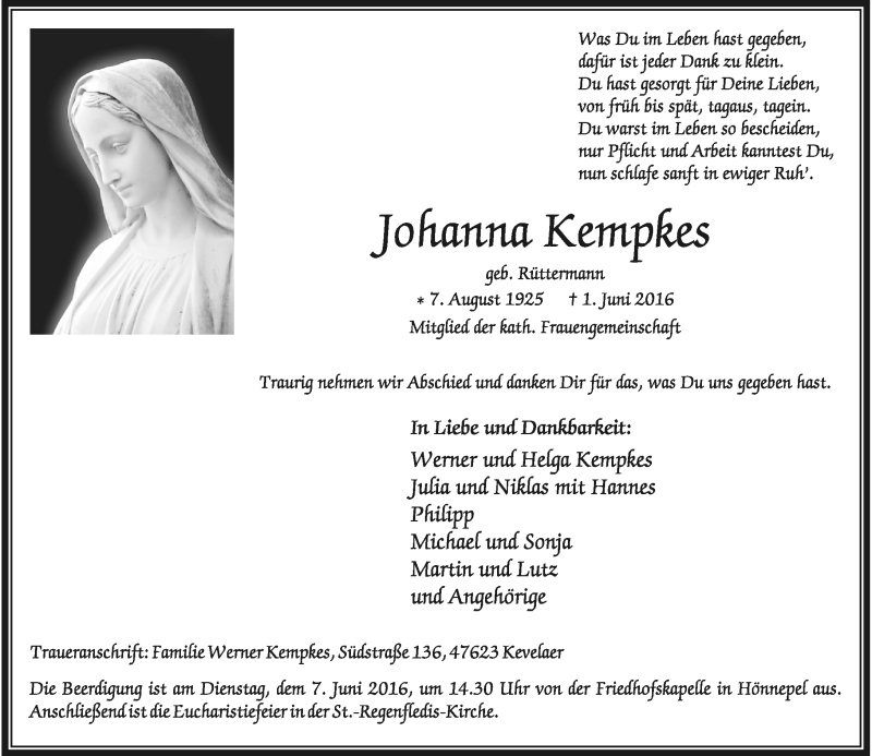  Traueranzeige für Johanna Kempkes vom 04.06.2016 aus Rheinische Post