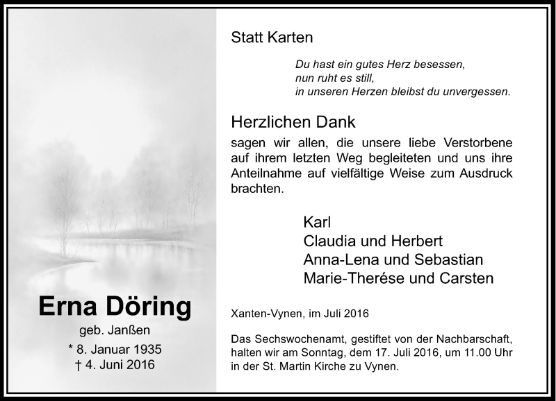  Traueranzeige für Erna Döring vom 09.07.2016 aus Rheinische Post
