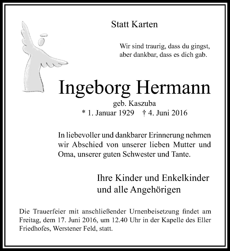 Traueranzeige für Ingeborg Hermann vom 11.06.2016 aus Rheinische Post