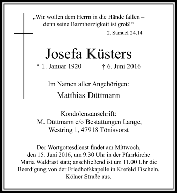 Traueranzeige von Josefa Küsters von Rheinische Post