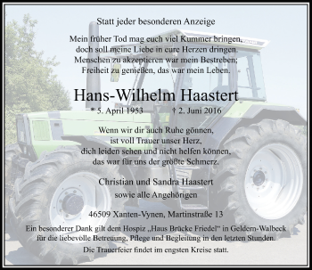 Traueranzeige von Hans-Wilhelm Haastert von Rheinische Post