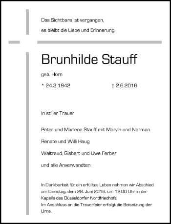 Traueranzeige von Brunhilde Stauff von Rheinische Post