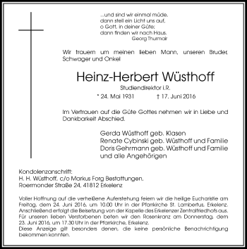 Traueranzeige von Heinz-Herbert Wüsthoff von Rheinische Post