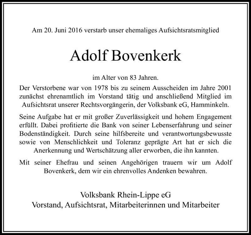  Traueranzeige für Adolf Bovenkerk vom 28.06.2016 aus Rheinische Post