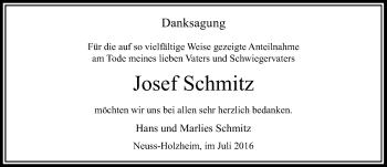 Traueranzeige von Josef Schmitz von Rheinische Post