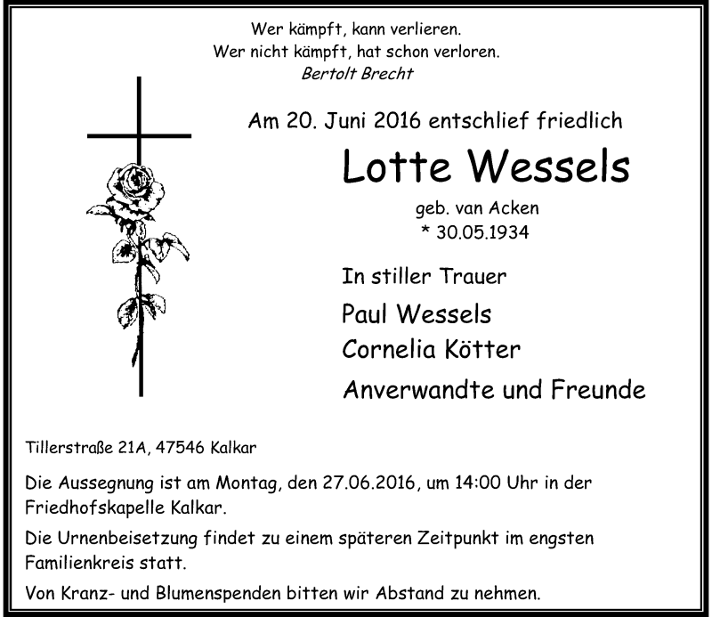  Traueranzeige für Lotte Wessels vom 23.06.2016 aus Rheinische Post