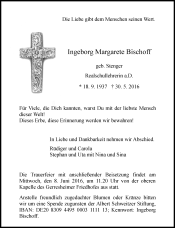 Traueranzeige von Ingeborg Margarete Bischoff von Rheinische Post