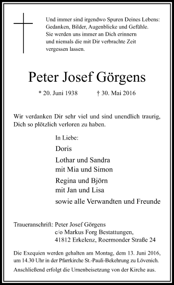 Traueranzeige von Peter Josef Görgens von Rheinische Post