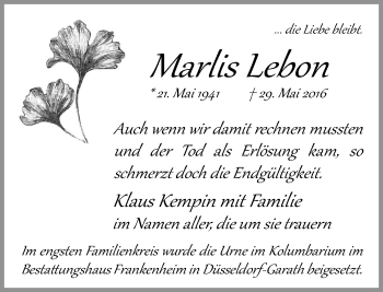 Traueranzeige von Marlis Lebon von Rheinische Post