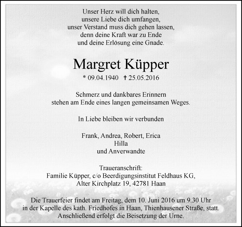  Traueranzeige für Margret Küpper vom 01.06.2016 aus Rheinische Post