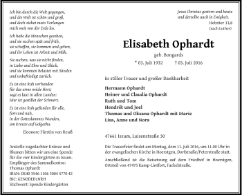 Traueranzeige von Elisabeth Ophardt von Rheinische Post