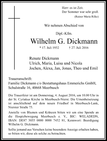 Traueranzeige von Wilhelm Dickmann von Rheinische Post