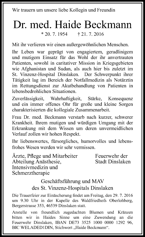  Traueranzeige für Haide Beckmann vom 27.07.2016 aus Rheinische Post