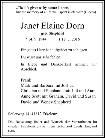 Traueranzeige von Janet Elaine Dorn von Rheinische Post