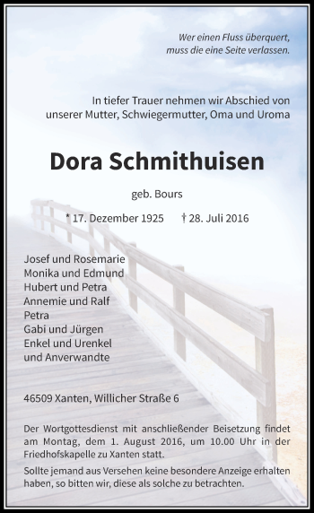 Traueranzeige von Dora Schmithuisen von Rheinische Post