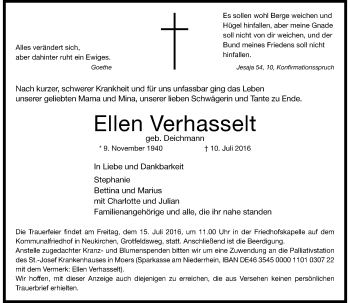 Traueranzeige von Ellen Verhasselt von Rheinische Post