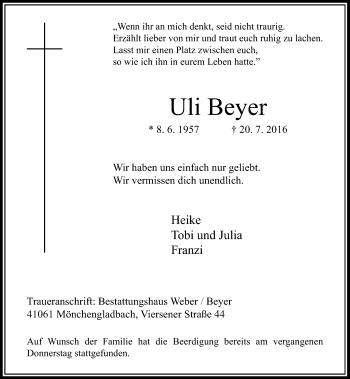Traueranzeige von Uli Beyer von Rheinische Post