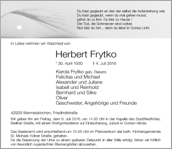 Traueranzeige von Herbert Frytko von Rheinische Post