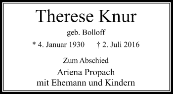 Traueranzeige von Therese Knur von Rheinische Post