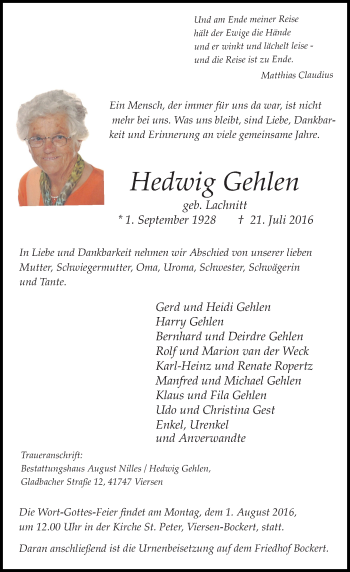 Traueranzeige von Hedwig Gehlen von Rheinische Post