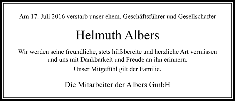  Traueranzeige für Helmuth Albers vom 30.07.2016 aus Rheinische Post