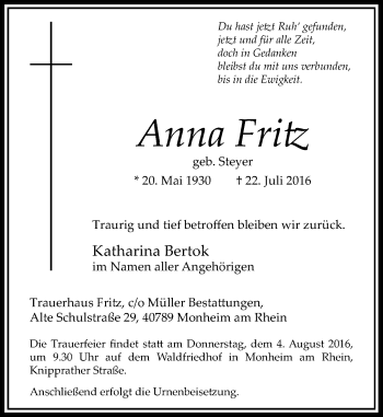 Traueranzeige von Anna Fritz von Rheinische Post