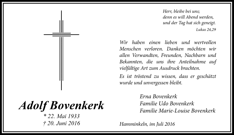  Traueranzeige für Adolf Bovenkerk vom 30.07.2016 aus Rheinische Post