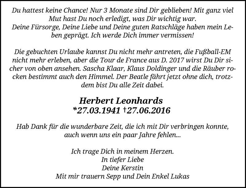  Traueranzeige für Herbert  Leonhards vom 09.07.2016 aus Rheinische Post